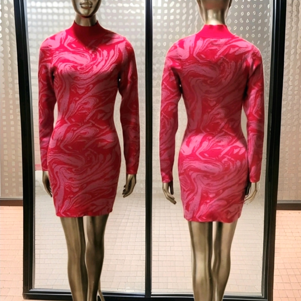 NWT Nasty Gal Hot Pink Recycled Marble Knitted Mini Sweater Dress Sz 8P